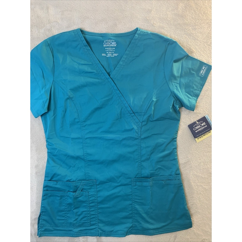 Cherokee Flexibles New Women Top Small Teal Blue 2 Pockets Core Stretch